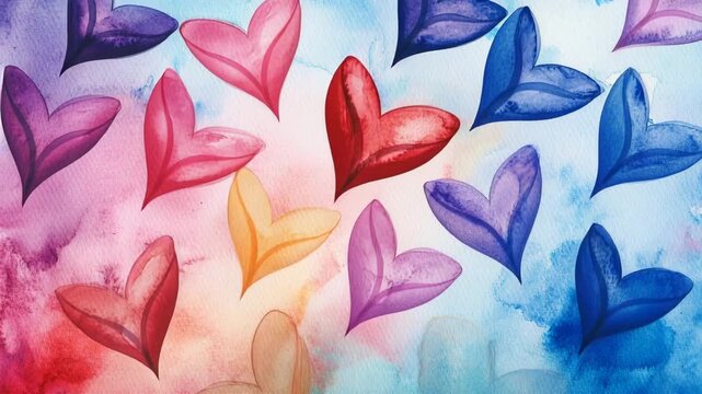 Stop motion animation of hand-painted watercolor hearts in various colors moving on a rainbow background
