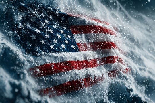 Territorial boundaries and national symbols on arctic maps. Fantasy poster. Overlay of the american flag on greenland, symbolizing us interest. Movie cover. Epic poster.