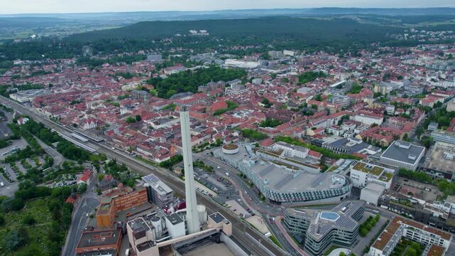 Aerial panoramic view beside the old town of the city Erlangen in Germany, Bavaria on a cloudy spring morning