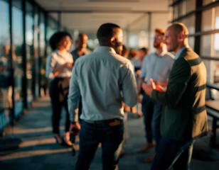 Blurred scene of professionals networking after work in a modern office environment. Defocused lights and silhouettes create a warm corporate atmosphere representing teamwork, business communication a