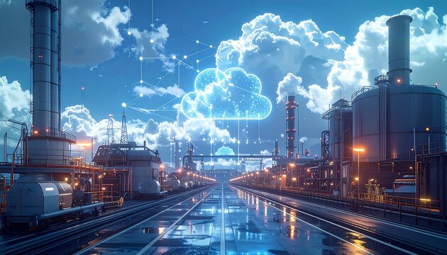 Modern industrial plant with cloud computing overlay and dramatic sky