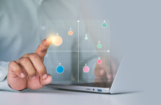 Business market positioning analysis, scatter matrix chart on digital interface laptop, finger selecting data point, competitive analysis, product positioning strategy, market research visualization