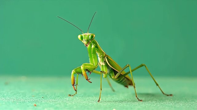 Green praying mantis on teal background