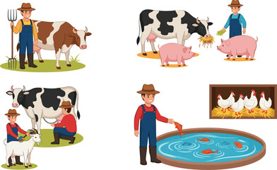 Farm life illustration, farmer with cow, pig feeding, goat and milking, aquaculture pond, chickens in coop, agriculture animals care © Creative Mind
