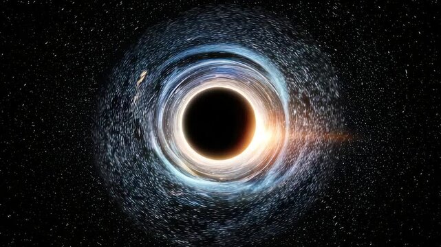 A vibrant artistic depiction of a black hole with light bending around a dark center, in space