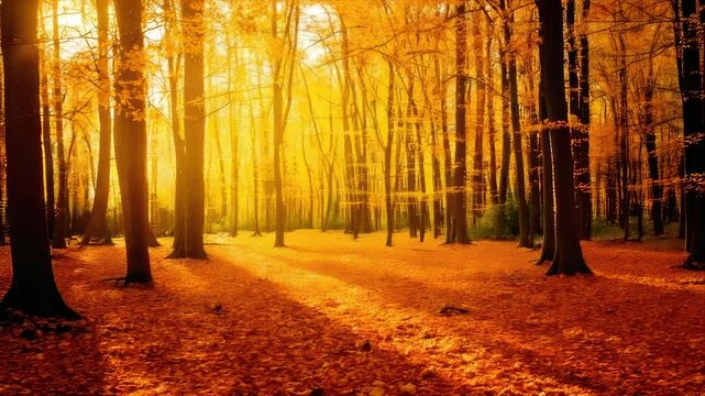 Autumn forest bathed in warm sunlight, leaves on the ground and trees with sparse foliage