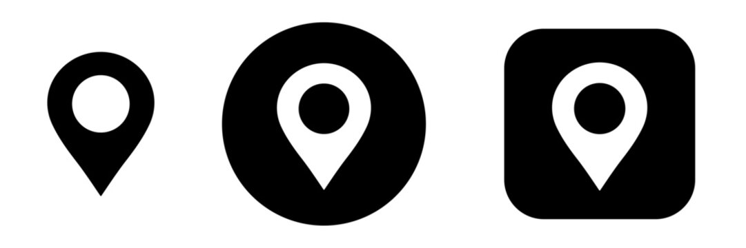 Location pin icon set for map marker, GPS navigation and address point buttons. Map location indicator symbols for mobile apps, website maps, tracking systems and interface UI design