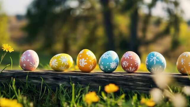 A colorful Easter video showcasing decorated eggs on a wooden plank in a serene natural setting with vibrant flowers and lush greenery.