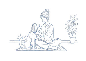 Obraz premium Serene moment captured in line art illustration of a woman gently petting her beloved furry dog, embodying peaceful companionship