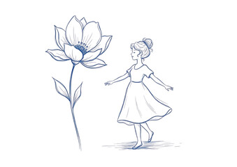 Dreamy pencil sketch of a cheerful girl discovering a magnificent flower, symbolizing wonder and natural grace