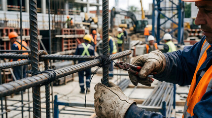 Construction Worker in Safety Helmet Reinforcing Steel Bars at Building Site.