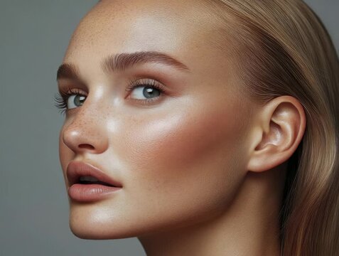 Close-up of a woman showing skin care routine with natural makeup in a studio setting during daytime