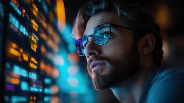 Young man watches data on a screen in a dark room while focused on learning new information at night