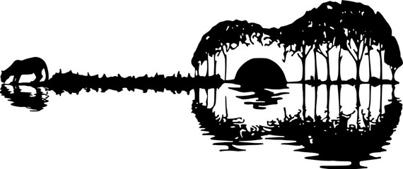 Obraz premium Guitar and Nature Svg, Guitar Like Black Panther Drinking Water Svg