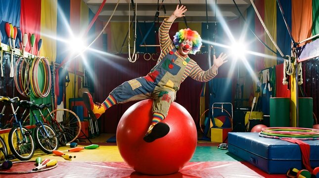 Clown performs tricks on a large red ball in a colorful circus training space with various equipment during an afternoon session