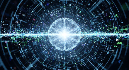 Obraz premium A futuristic digital illustration of a brain with glowing blue circuits and wires, representing artificial intelligence and technology.