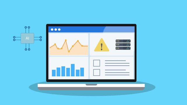Flat vector animation of a laptop displaying a cybersecurity dashboard with charts, warning alert, and microchip icon. Represents digital security monitoring, processor technology, and modern system 