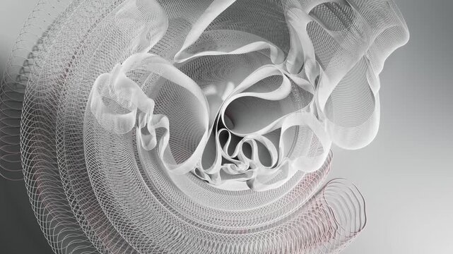 3d render of abstract art, video animation of surreal circles, ropes on a curve, wavy organic lines, forms in a deformation transformation process in purple and white, and blue gradient color