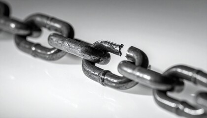 Fototapeta premium Simple metal chain broken at center link, freedom and problem solving concept, ultra detailed macro photography, dramatic studio lighting, isolated on pure white background, 8k resolution