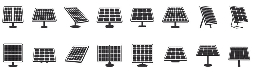 Solar panel technology silhouette icon pack, vector illustrations for renewable energy, solar cells, clean power systems, green technology, and sustainable digital interface projects.