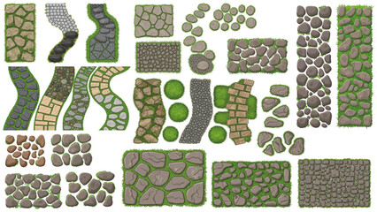 Seamless garden vector set showing decorative stone path patterns for landscape architecture design detailed top view paving layouts for patios.