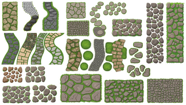 Seamless garden vector set showing decorative stone path patterns for landscape architecture design detailed top view paving layouts for patios.