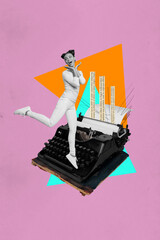 Vertical zine trendy photo collage of happy girl guy stand retro typewriter machine novel writing...