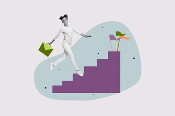 Trendy poster art collage of happy businessman businesswoman stand career ladder development...