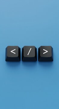 Abstract Programming HTML Tag Symbols 3D Render on a Minimalist Isolated Blue Background Representing Web Development, Coding, and Digital Technology Concepts