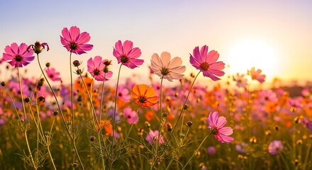Obraz premium Vibrant cosmos flowers basking in the warm glow of a setting sun