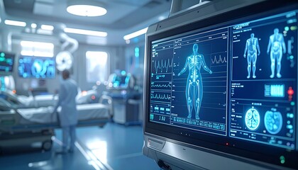 Fototapeta premium Operating room monitor shows detailed patient scan with medical staff nearby