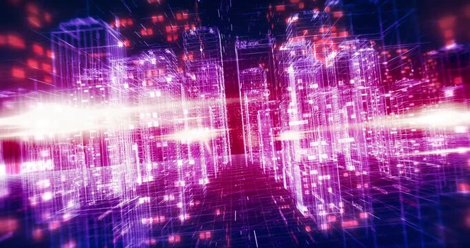 Digital data network flowing from city to planet earth. Technology Related 3D Animation.