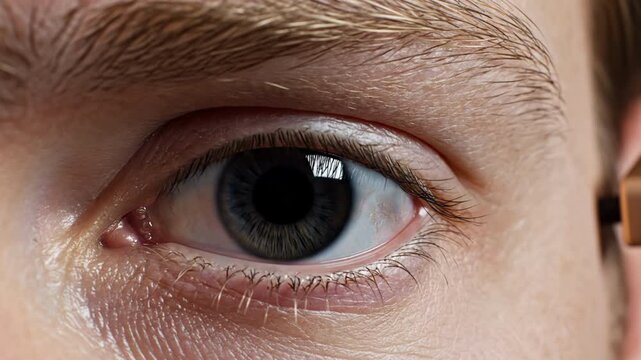 Extreme close up of Nordic man's eye with matte gold neuro sensor behind ear, neural interface concept