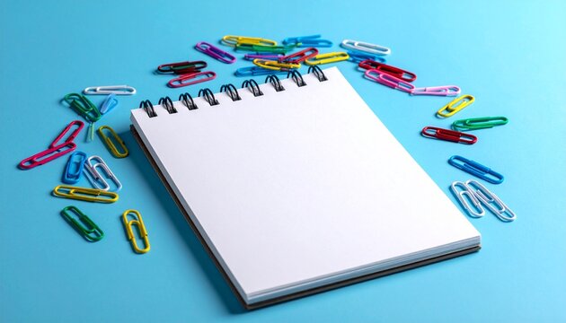 Blank spiral notebook with colorful paper clips scattered around, productivity and organization concept, realistic photography, soft studio lighting, isolated on pure white background, 8k commercial s