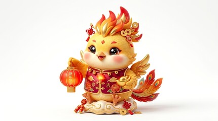 Fototapeta premium Cute Chibi Golden Phoenix Mascot 3D Illustration for Asian Lunar New Year, pure white background