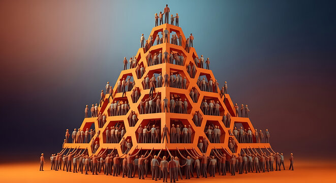 Vibrant orange abstract pyramid structure constructed of human figures representing corporate hierarchy leadership cooperation and strategic teamwork unity in a business concept visualization