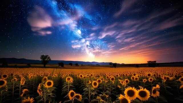 A sunflower field under a starry night sky, with a gradient sunset at the horizon