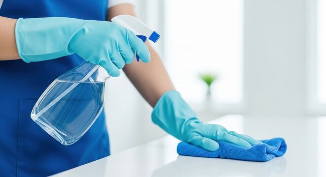 A person in a blue apron and gloves is cleaning a white surface with a blue rag and a spray bottle.