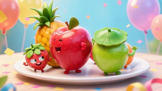 Cute fruit characters with happy faces dancing on plate. Funny banana, strawberry, mango, pineapple, apple animation. Perfect for kids, food and healthy content.