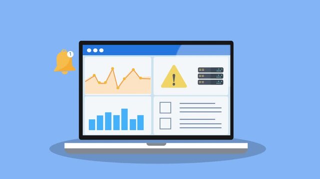 Flat vector animation of a laptop displaying a cybersecurity dashboard with charts, warning alert, and notification bell icon. Represents security alerts, system monitoring, and digital technology int