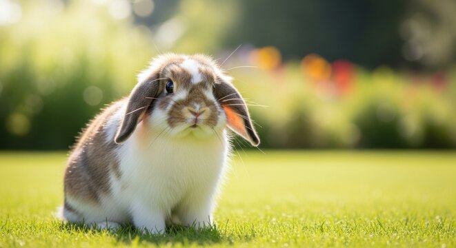 A brown and white rabbit sitting on a green lawn with a blurred background of flowers.
