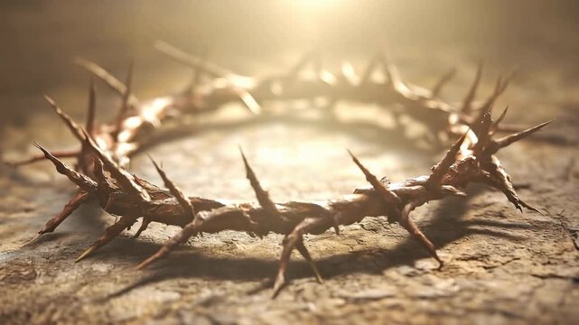 A video showcasing a crown of thorns on a wooden surface, symbolizing sacrifice and faith in a dramatic and serene setting.