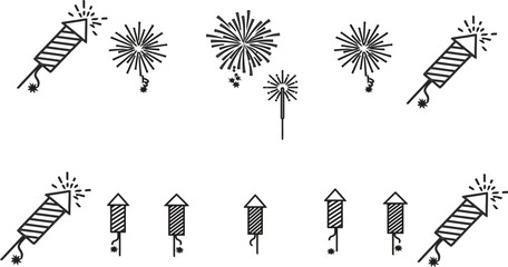 Fireworks illustrations in black and white with various designs and patterns