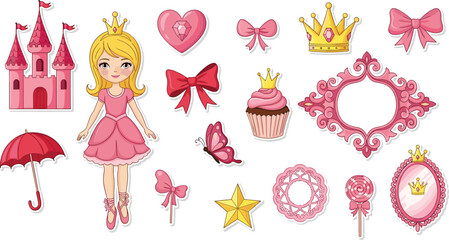 Cute princess elements set, cartoon girl crown castle bows cupcake butterfly magic star fairy tale collection flat vector illustration © Anamul Arafat