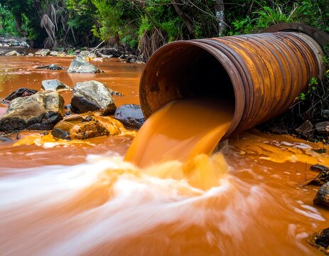 Tainted flow Orange liquid pours from a rusty pipe into a river, surrounded by rocks and greenery