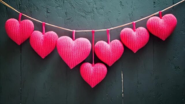 Red, knitted heart decorations, hung on string against a dark green wooden background