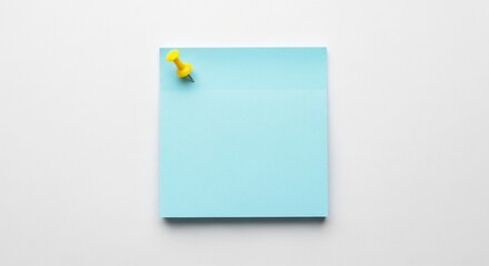 Blue sticky note with yellow pushpin on white background