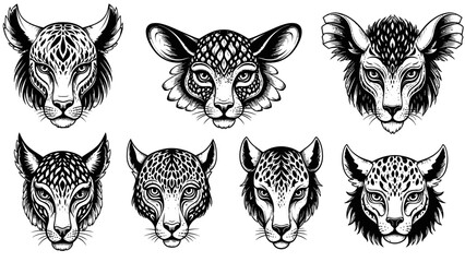 Obraz premium Intricate leopard head illustrations in black and white for diverse design uses