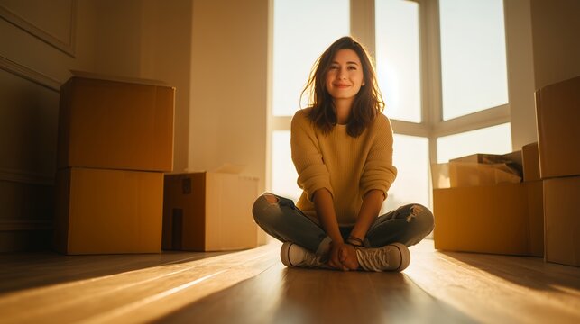 Young woman sitting on floor with moving boxes in new apartment