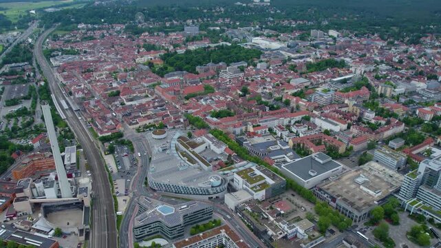 Aerial panoramic view beside the old town of the city Erlangen in Germany, Bavaria on a cloudy spring morning
